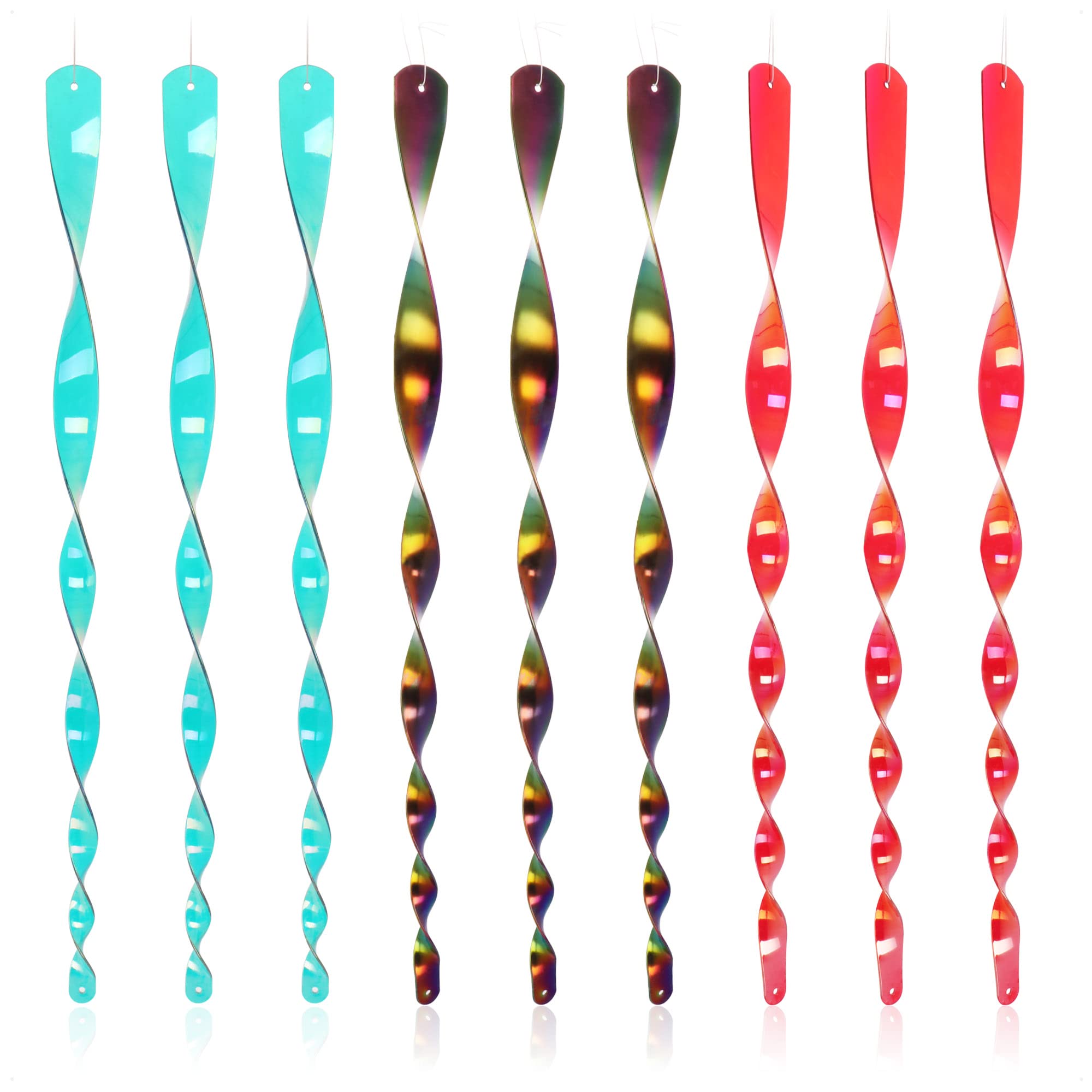 COM-FOUR® 9x bird repellent pendant - colorful bird scarer in spiral shape - reflective wind chime - scarecrow to hang against ravens, crows, starlings, jackdaws, pigeons (9 pieces - red/green/blue)