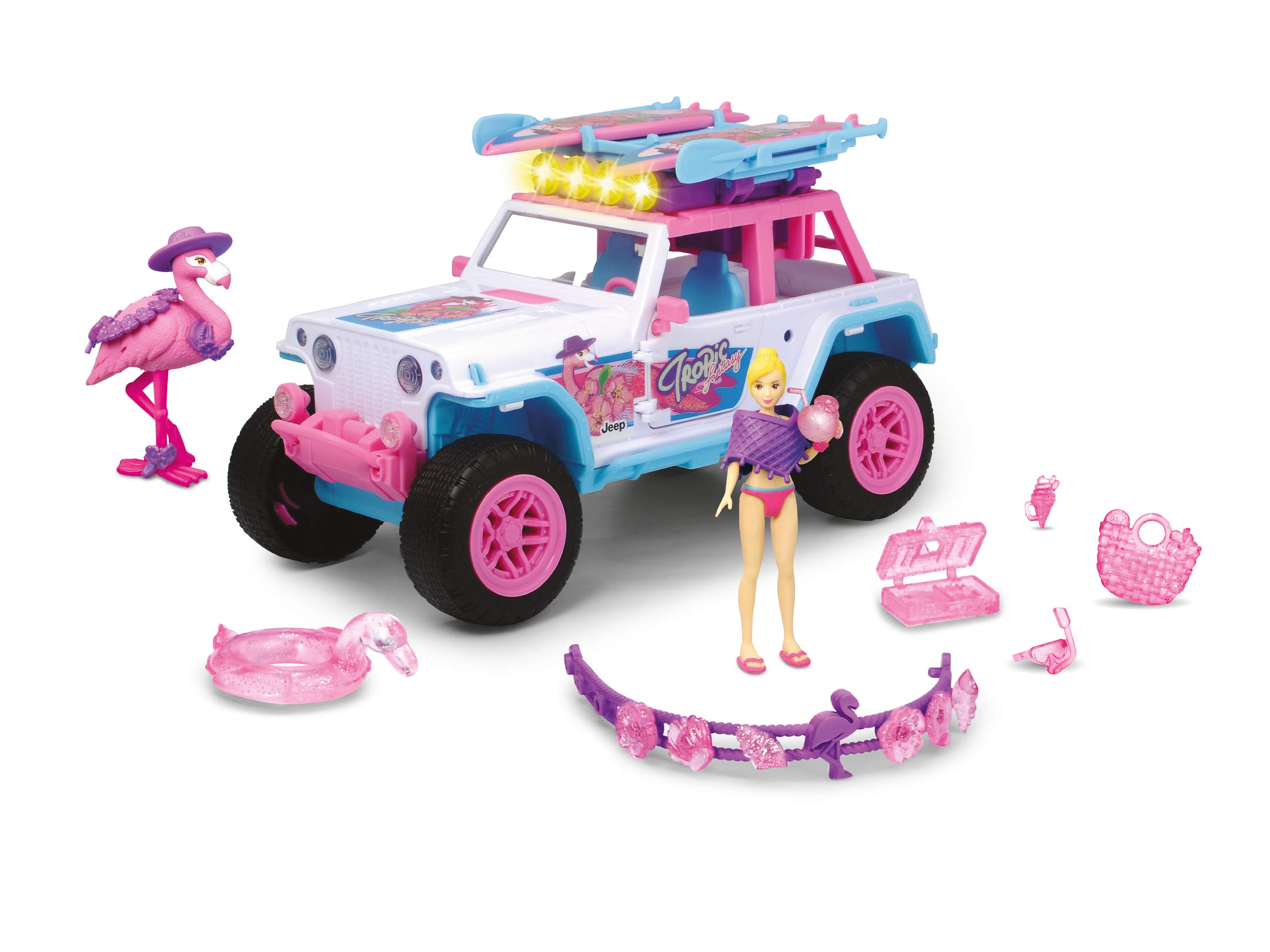 Dickie Toys 203185000 Pink Drivez Jeep, Toy Off-Road Vehicle with Many Accessories, Toy Car, Movable Figure, Flamingo, Board, Bracelet and Much More, 22 cm, Light & Sound, Includes Batteries, Ages 3 and Above
