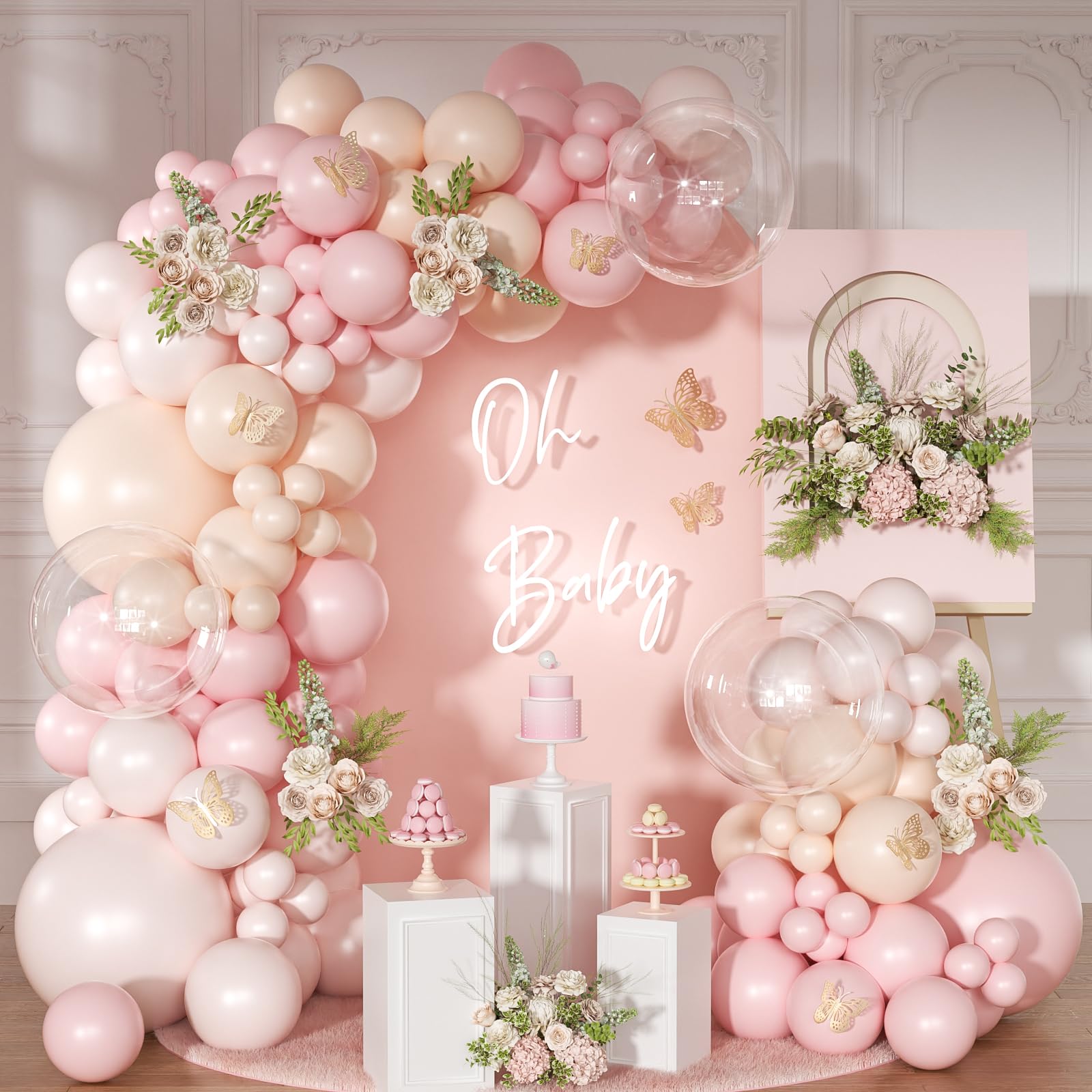 Photo 1 of NUTTYBASH Pink Balloon Arch Kit 126 Pcs Light Pastel Pink Sand Balloon Garland Kit Include Macaron Orange Balloons for Wedding Birthday Baby Shower Gender Reveal Decorations