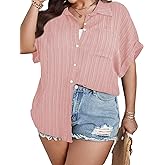 SCOMCHIC Women Plus Size Button Down Short Sleeve Shirts Collared Textured Summer Blouse Casual Tops with Pockets