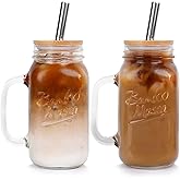 ANOTION Mason Jar with Lid and Straw, 24 oz Regular Mouth Mason Jars with Handle Drinking Glasses Tumbler Reusable Cups Smoothie Water Bottles for Iced Coffee (Classic 2 cups Style)