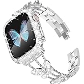 WINGLE Bling Band and Case for Apple Watch Band 41mm Women Series 9 8 7, Butterfly Diamond Metal Band Rhinestone Crystal Bracelet Jewelry Link Chain with Sparkle Screen Protector Case, 41 mm Silver
