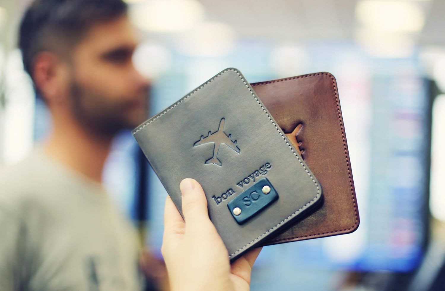 Personalized Real Leather Passport Holder,Airplane, pilot