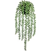 LUZOGA Realistic Artificial String of Pearls Plant - Faux Hanging Succulent Trailing Plant with Black Pot, Natural-Looking Small Potted Faux Plant Indoor Outdoor for Home Office Shelf Decor