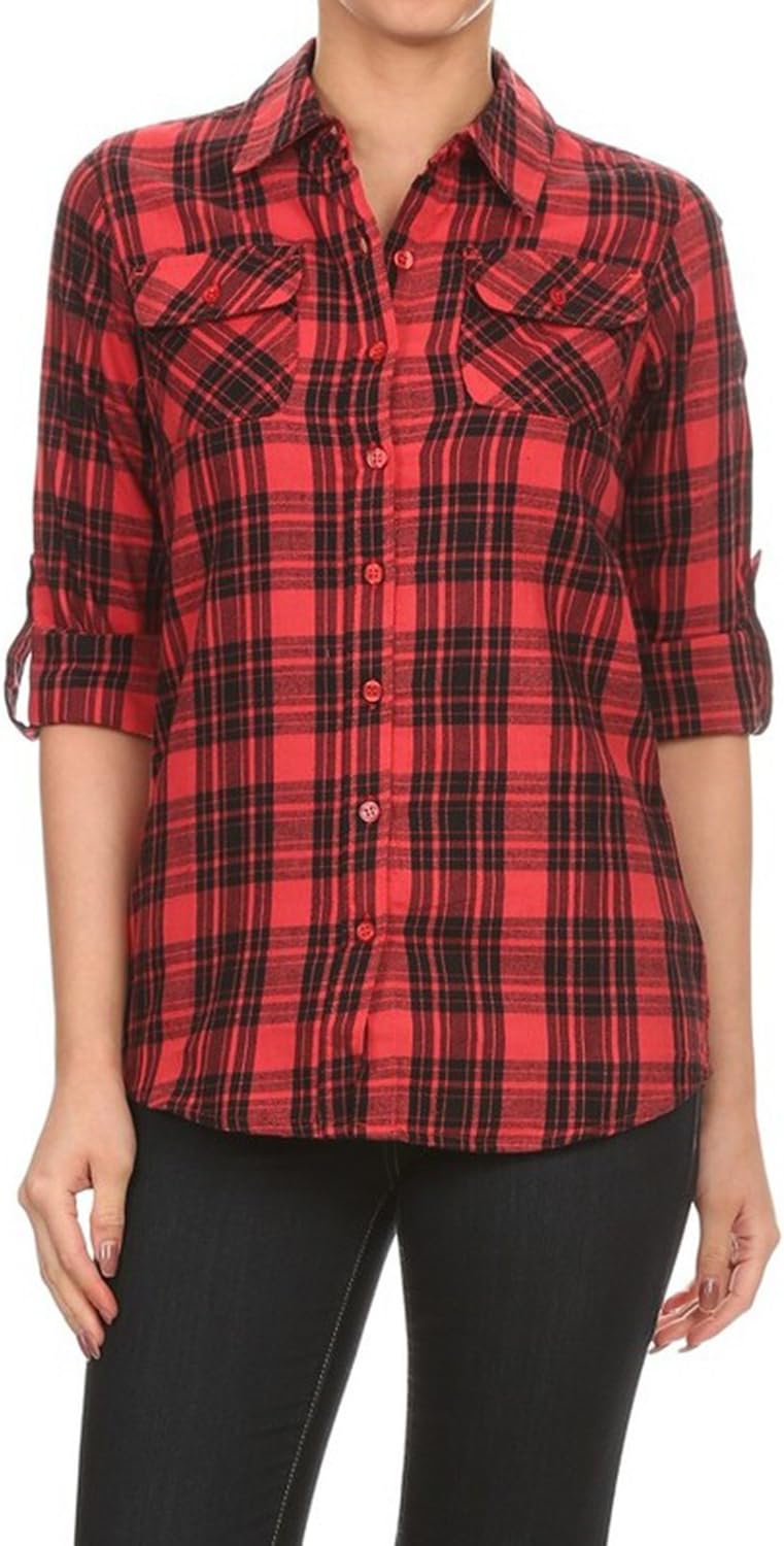 Women's Lightweight Flannel Plaid Roll Up Sleeve Button Down Shirt (Small, Red/Black-New)