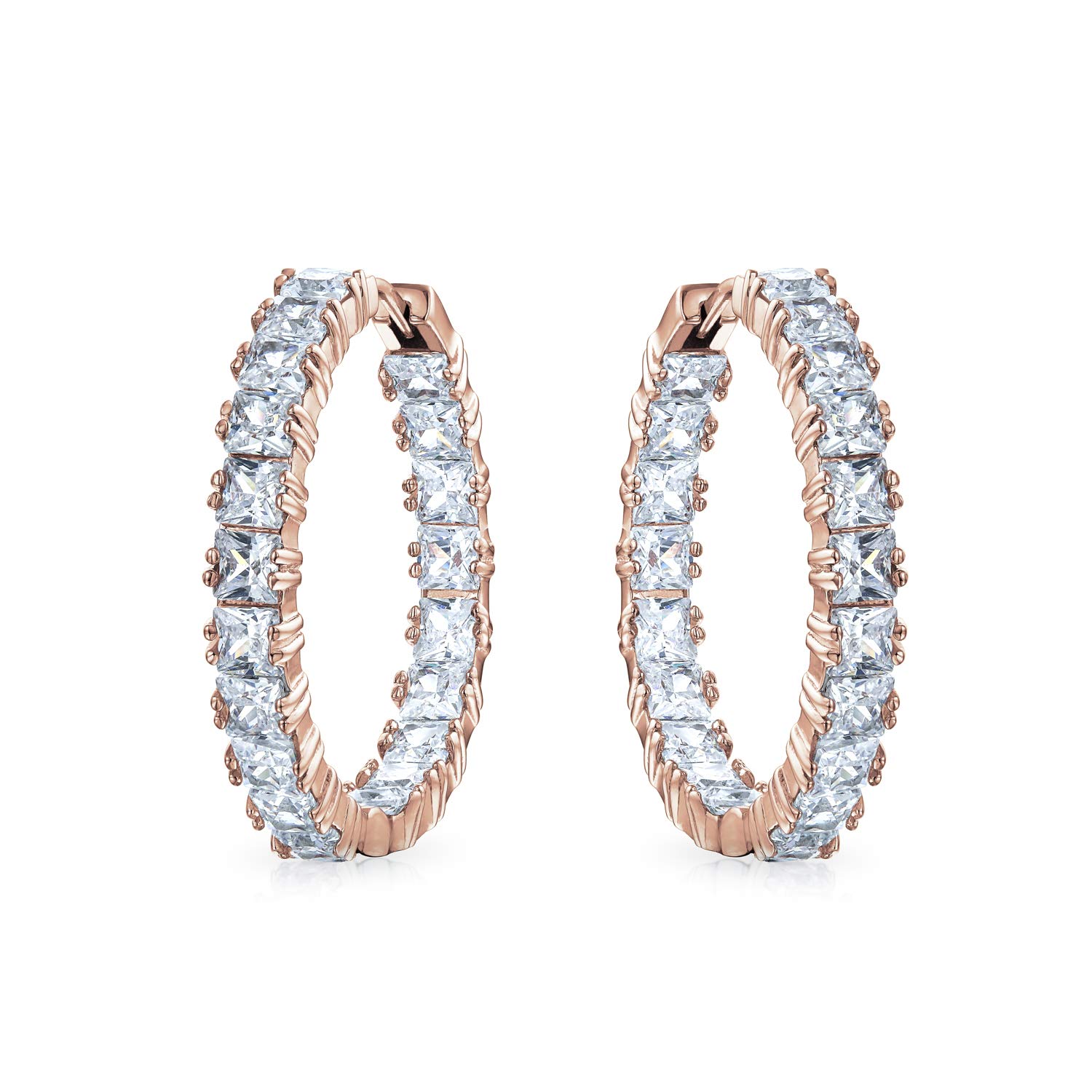 Bridal Square Cubic Zirconia Brilliant Princess Cut AAA CZ Inside Out Statement Hoop Earrings For Women Prom Rose Gold Plated 1.25 Diameter