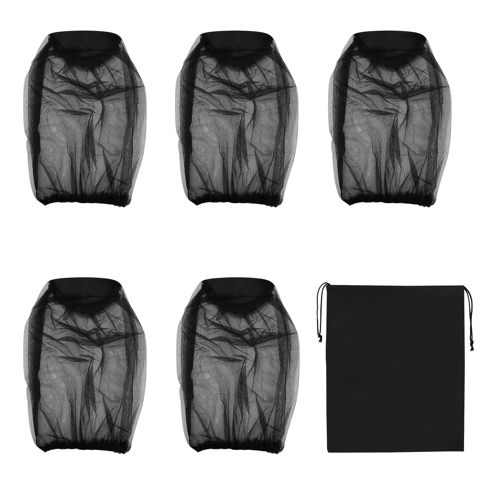 5 PCS Midge Head Net with Drawstring Bag, Midge Net Head Cover, Smidge Head Net, Fine Mesh Insect Netting Mosquito Head Net for Outdoor, Hiking, Camping, Climbing, Fishing, Midge Net Hat Hood, (Black)