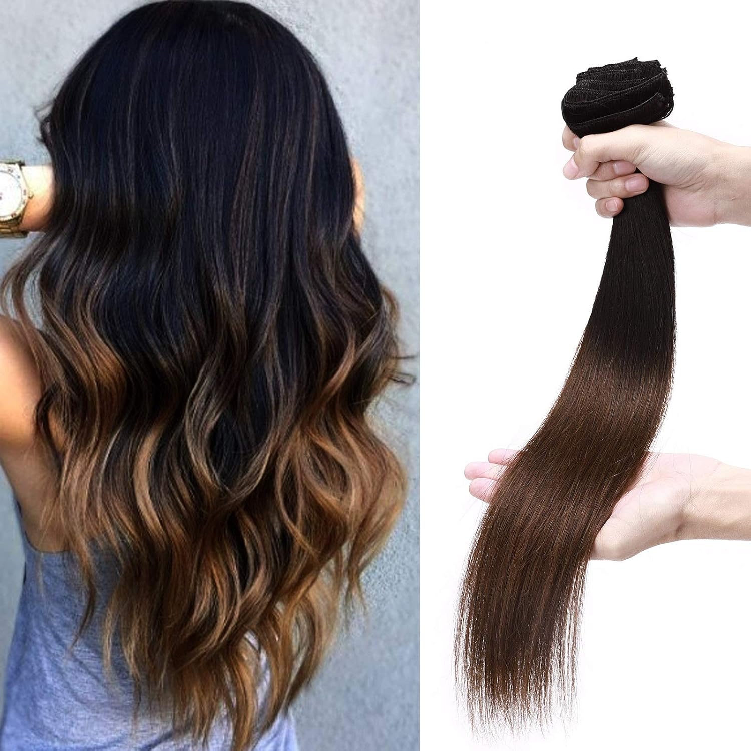 Remy Clip in Hair Extensions Human Hair 1BT4 Natural Black Ombre