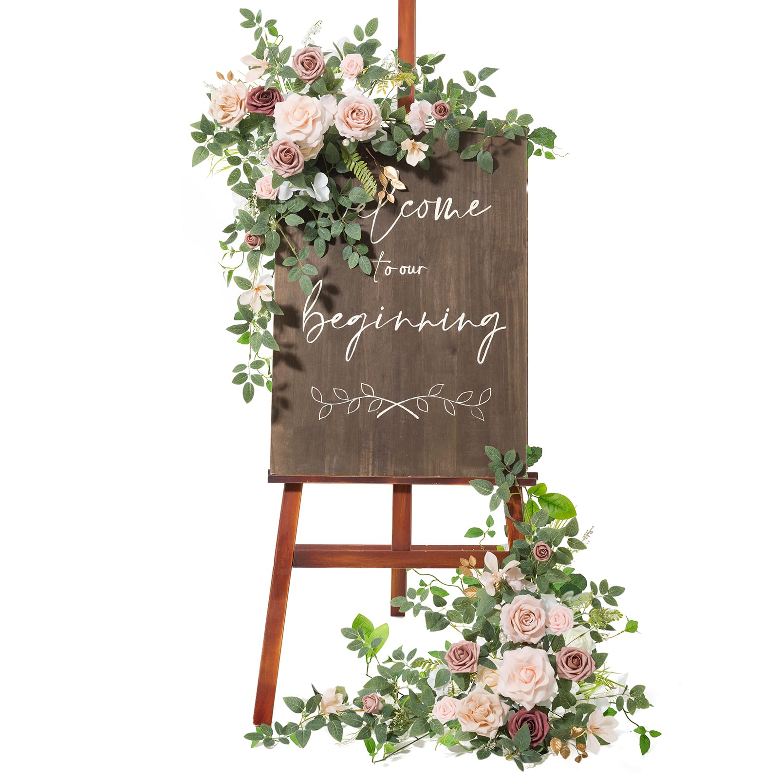 Photo 1 of Ling's moment 2pcs Wedding Flowers Garland Artificial Floral Swag Arch Decorations Greenery Arrangements Dusty Rose Cream Ceremony Reception Garden Easel Wall Entryway Outdoor Board(NOT Include Sign)