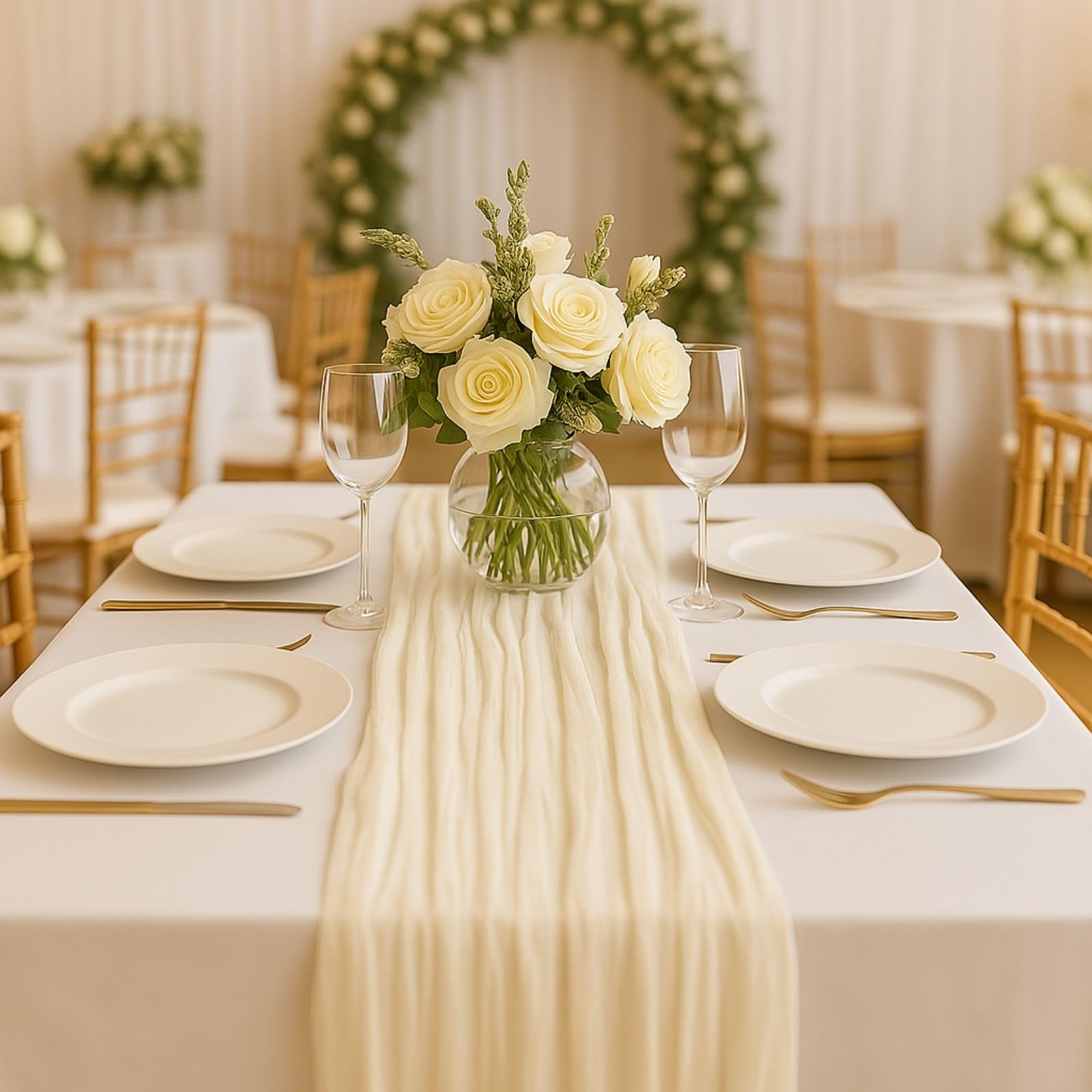 Photo 1 of 10FT Beige Cheesecloth Table Runner 120 Inch Rustic Boho Gauze Cheese Cloth Table Runner for Wedding Baby Shower Bridal Shower Birthday Party Home Decorations