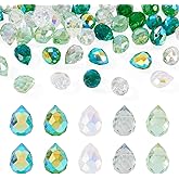 FASHEWELRY 50Pcs Shiny Teardrop Shape Faceted Glass Beads Bulk Assorted Crystal Beads for Jewelry Making Water Drop Glass Bead for DIY Craft Necklace Bracelet Earring Green Themed Mixed Color