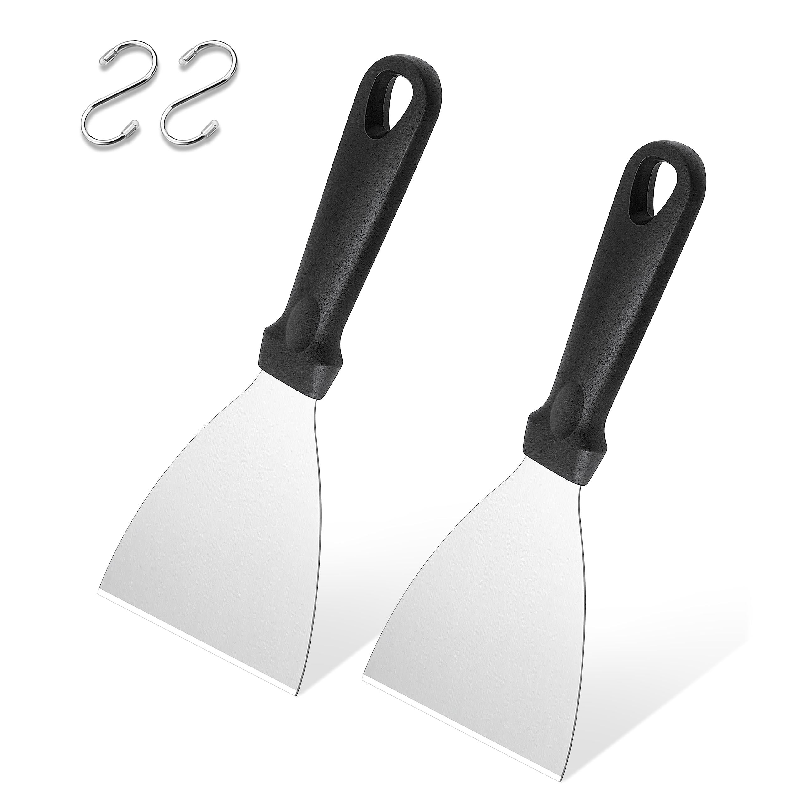 Herogo 2 Piece Griddle Scraper, Stainless Steel Grill Scrapers for Kitchen Food Service Cooking Cleaning, Slant Edge & Black Plastic Handle, Ideal for Indoor & Outdoor BBQ, Rustproof & Dishwasher Safe