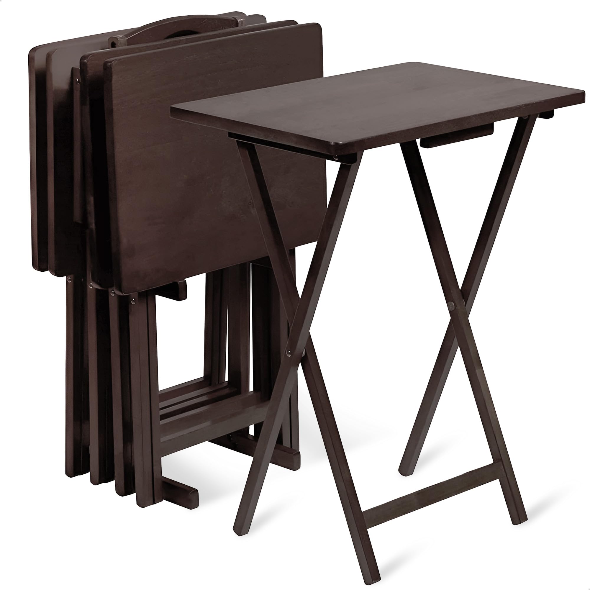 PJ Wood 5-Piece TV Tray Folding Wooden Dinner Table Set with Compact Storage Rack, Espresso - Portable and Adjustable Home Furniture for Living Room, Bedroom, and Kitchen