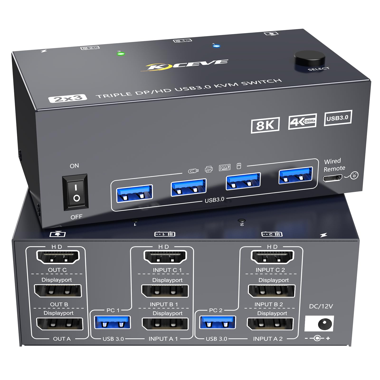 Photo 1 of 8K KVM Switch 3 Monitors 2 Computers 8K@60Hz 4K@144Hz,3 Monitors KVM Switch for 2 Computers Sharing Triple Monitors,Keyboard,Mouse,Printer with 2*USB3.0 Cables,Power Adapter and Controller