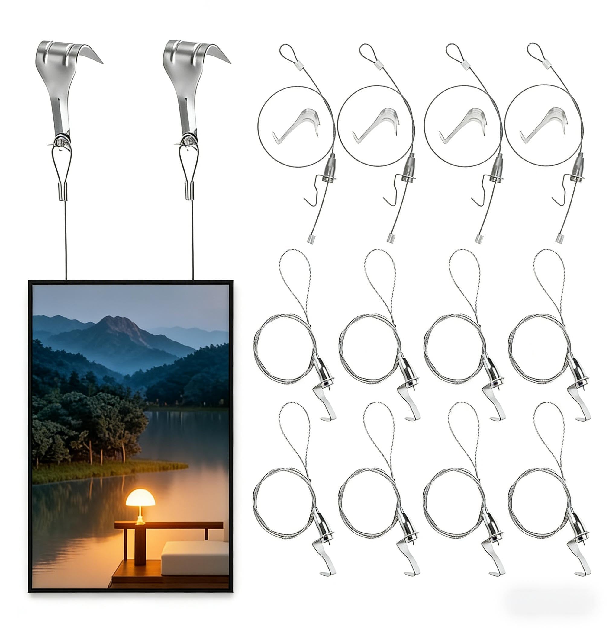 TEHAUX 10Pcs Adjustable Picture Hanging Wire Hooks Kit for Picture Frame Photos Hold Up to 5 KG , 50cm × 1.5mm Stainless Steel Cable with Rail Hooks for Art Exhibitions Home Office Wall Han