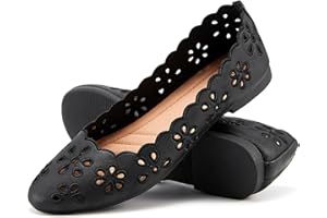FRACORA Women's Ballet Flats Black PU Leather Dress Shoes Comfortable Round Toe Slip on Flats with Breathable Eyelets