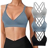VEQING Seamless V-Neck Women Sports Bras, Padded Cross Back Wireless Low Impact Workout Yoga Bras for Small Chests, 3 Pack