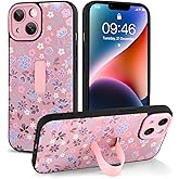 Jefonha Compatible with iPhone 14 Case with Finger Hand Strap Kickstand, Cute Flowers Floral Phone Case for Girls Women Men, Full Camera Protection Shockproof Protective Cover, Pink Flowers