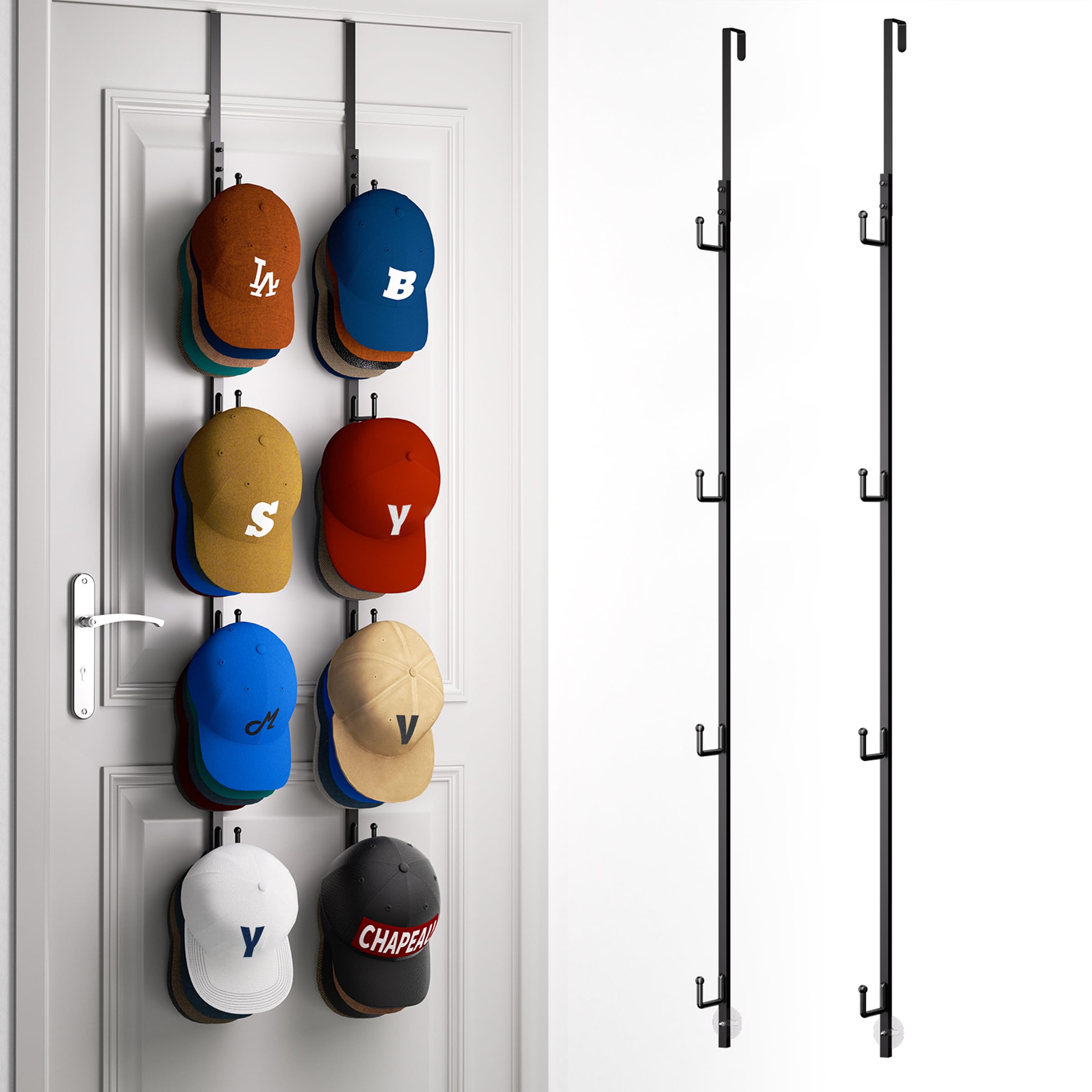 Photo 1 of HapiRm Over Door Hat Rack - 2 Packs Hat Organizer with 8 Hooks Design, Hanging Baseball Cap Organizer Storage Holds Up to 40 Caps for Door, Bedroom, Closet (Black)