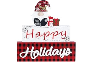 MEETYAMOR Large 3-Layer Gnome Wood Block Sign with Happy Holidays - Rustic Farmhouse Christmas Table Decor for Home, Mantle, Shelf