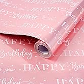 Tyzarglef Pink Birthday Wrapping Paper Roll,Metallic Foil Gift Wrap for Women Girls, Shiny Star & Happy Birthday Lettering Design, 17" x 33 Ft (46.5 sq.ft)