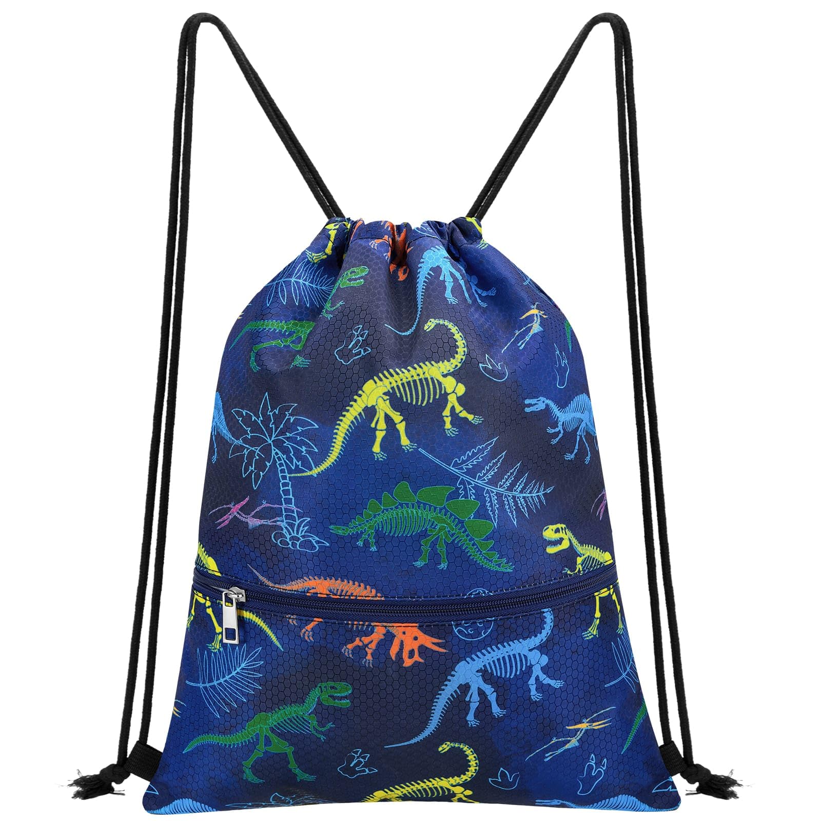 WAWSAM Dinosaur Drawstring Bags for Kids - Gym DrawString Bag for kids Swim Bag Boys Sports Draw String Bag Waterproof Beach Sport Gym String Bags with Zipper Pocket Cinch Backpack for Boys