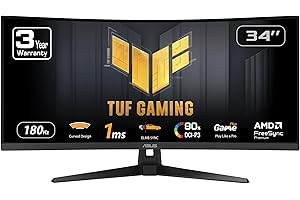 ASUS TUF Gaming 34” Ultra-Wide Curved Monitor (VG34VQ3B) – 21:9 QHD (3440x1440), 180Hz, 1ms, Extreme Low Motion Blur Sync, FreeSync Premium, Speaker, 90% DCI-P3, DisplayWidget Center, 3 yr Warranty