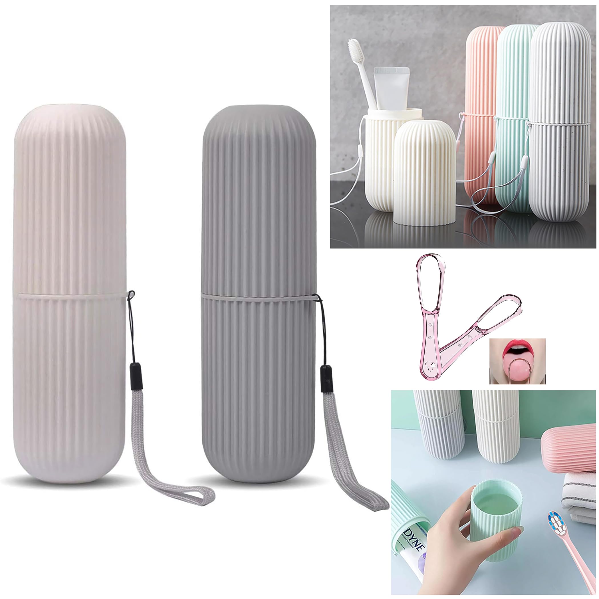 1 GREY Travel TOOTHBRUSH Holder, MOUTHWASH Cup, TOOTHPASTE Holder & TONGUE Scraper -Carry Strap, Anti Slip Groove (Grey & Scraper)