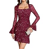 Meetjen Women's Sparkly Ruched Bodycon Mini Dress Sexy Sheer Mesh Bell Long Sleeve Square Neck Short Club Party Dresses