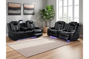 Anthato Black Leather Power Recliner Sofa Set, 2 Piece Reclining Sofa and Loveseat Set, Luxury Reclining Loveseat Couch Recliner Sets with Coffee Table, Living Room Furniture for House/Home Theater