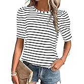 Dokotoo Women's Casual Short Puff Sleeve Crew Neck Striped T Shirts Summer Tops
