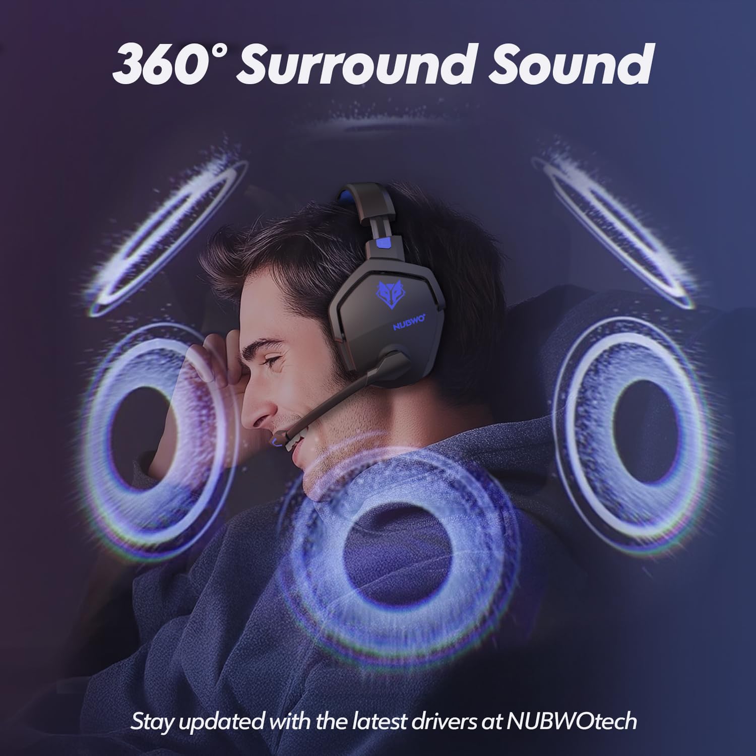 NUBWO Wireless Gaming Headset with Mic for Ps5 Ps4 PC, Zero Interference, 100-Hour Battery All-Day Play, 23ms Sync​ for Fortnite & Call of Duty/FPS Gamers, Triple Mode All Devices Compatible - Blue