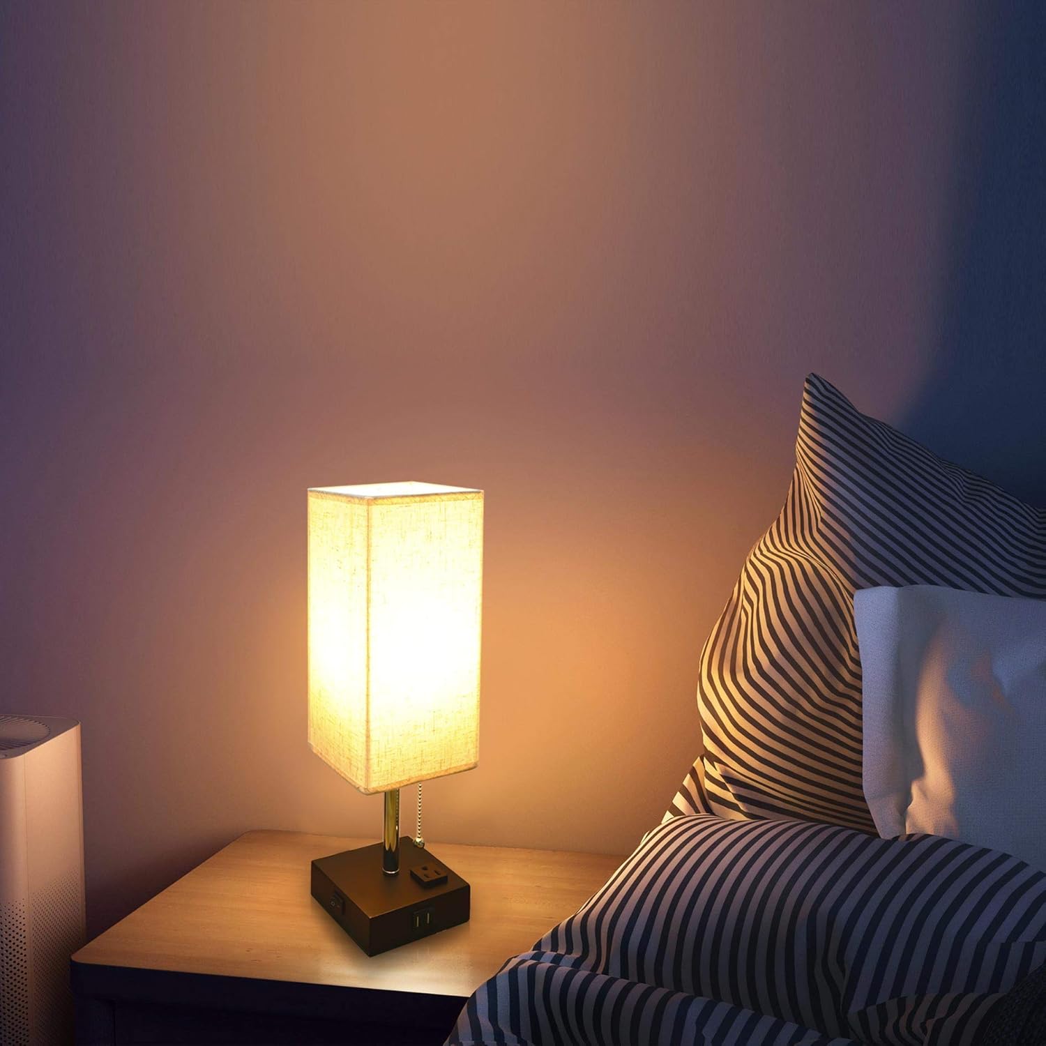 USB Table Lamp, Sailstar Bedside Lamps with Fast Dual USB Charging Ports and Outlet & Warm LED Bulb, Modern Nightstand Lamp with Black Base and Fabric Shade for Bedroom, Living Room, Office - - 