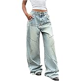 WDIRARA Women's Rivet Baggy Jeans Low Rise Wide Leg Denim Pants Streetwear