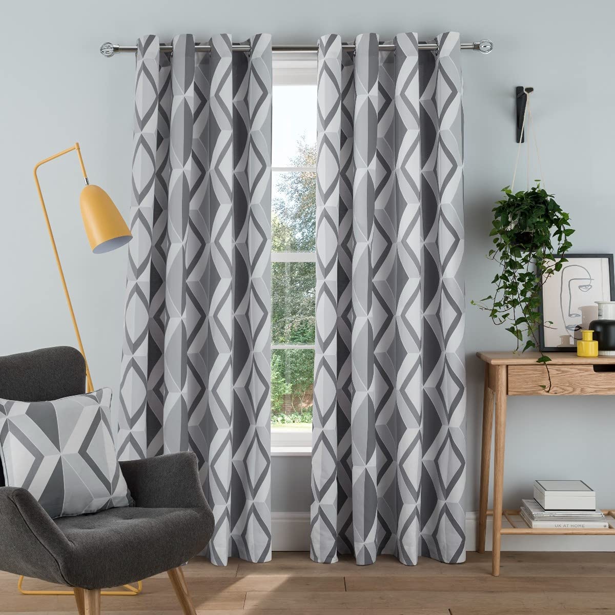Sleepdown Printed Large Diamond Geo Eyelet Curtains for Bedroom and Living Room - 66 x 90 Inch - Grey