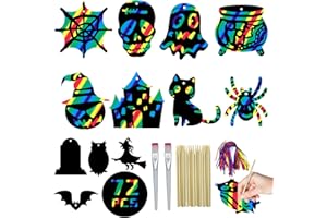 LOOGUAGUN 72PCS DIY Rainbow Craft Scratch Art for Kids, Magic Scratch Cards Christmas Ornaments Halloween Decorations Hanging Cards Party Supplies Cosplay Favor Classroom Educational Toys Ghost Skull Pumpkin