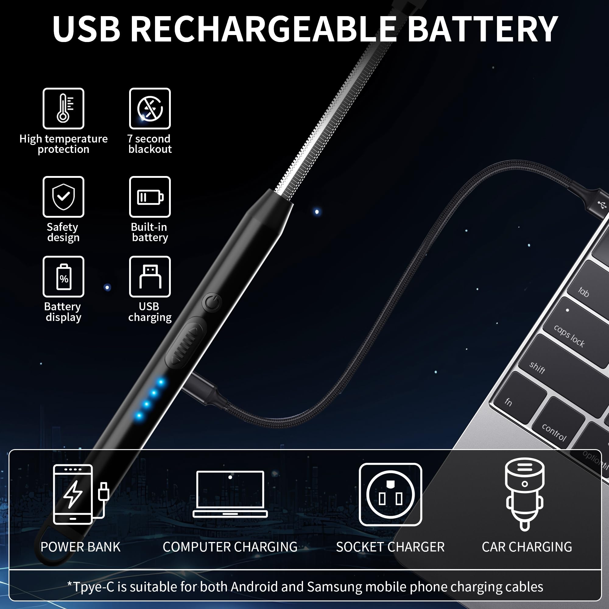 2-Pack Rechargeable Electric Candle Lighters, Flameless Windproof Long Lighter with 360° Flexible Neck and LED Display for Candles, Camping, BBQ & Fireplace (Black)