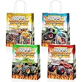 JOYGATHER 24 Pcs Monster-Truck Party Favor Bags with Handles - Racing Truck Goodie Bags Gift Bags. Checkered Theme Candy Bags for Kids, Kraft Paper Bags for Birthday Party Supplies Decorations