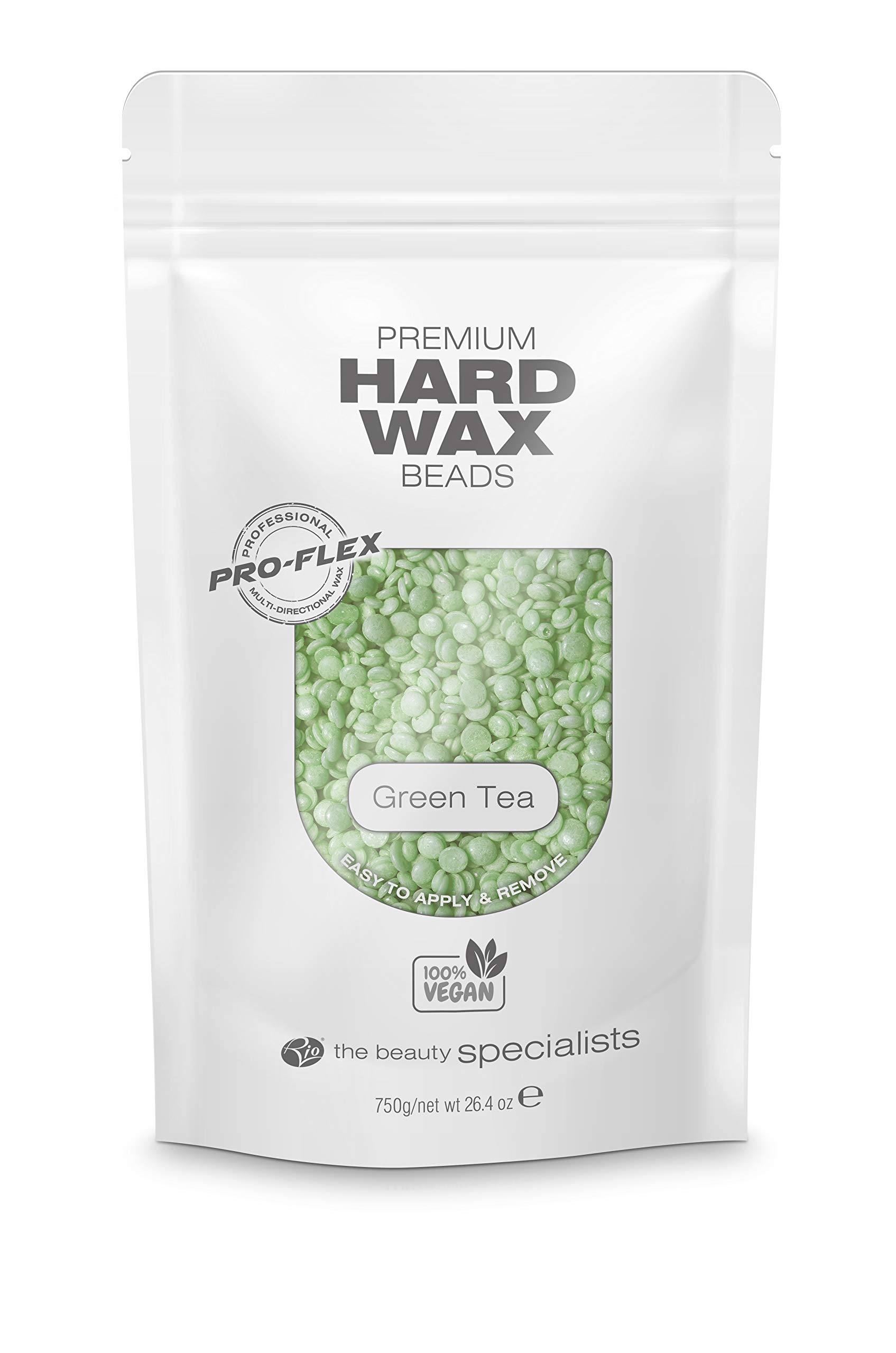 Rio Stripless Hard Wax Beads - Green Tea 750g - Vegan Stripless Hair Removal, Painless Full Body Waxing, Brazilian, Bikini Line, Face, Legs, Coarse Hair Formula, Depilatory Wax Pellets No Strip Needed