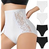 QUASTI Women's Hollow Lace Underwear High Waisted Hipster Underpants Stretch Full Coverage Panties Ladies Briefs 4pcs