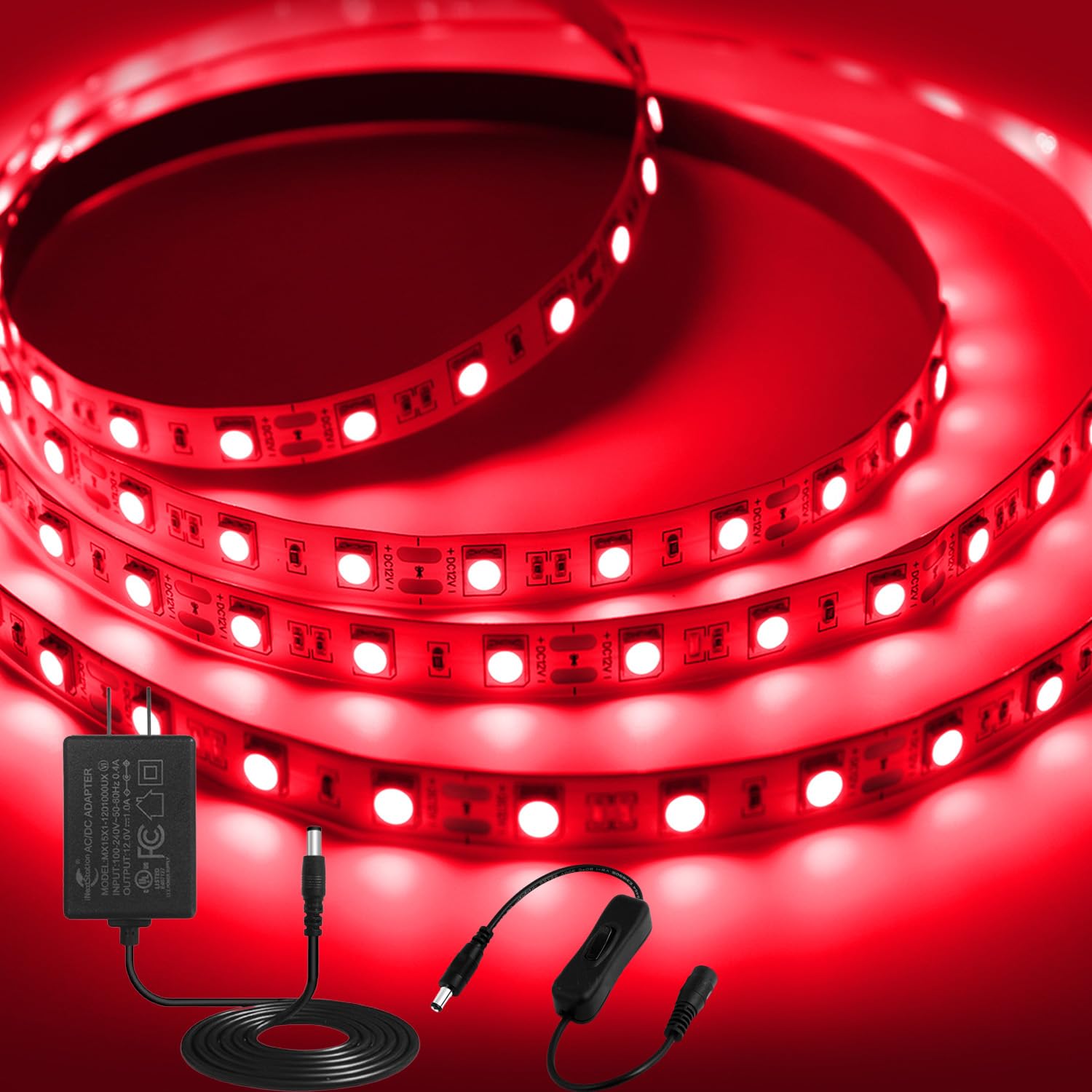 iNextStation 5M Red LED Strip Lights, 12V SMD5050 Cuttable Tape Lights with Plug, 300 LEDs High Bright Flexible Light Kit for Gaming Room Monitor Bedroom TV Backlight Bar Wine Fridge Indoor Decor