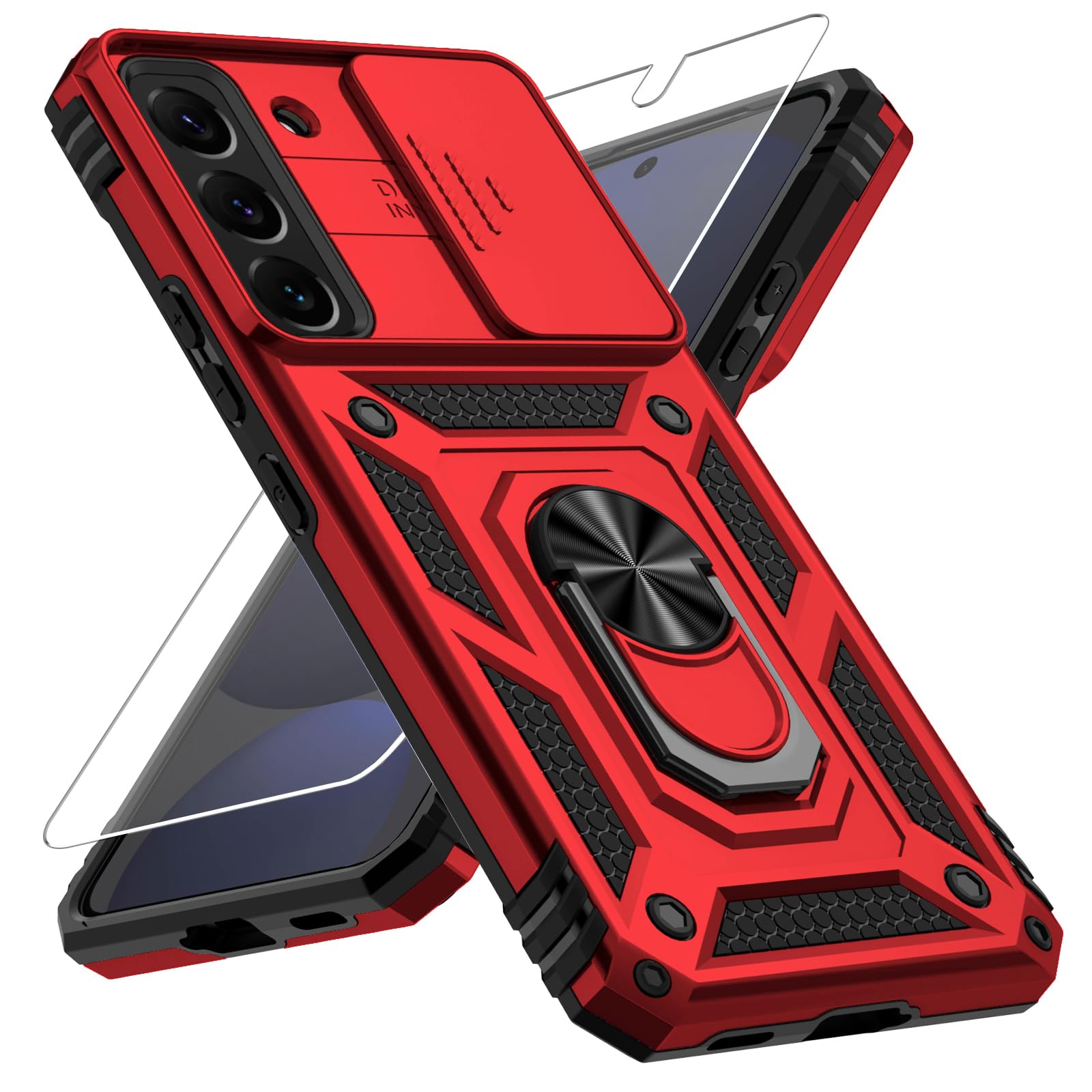 Weycolor for Samsung Galaxy S22 Plus Case with Camera Lens Cover, HD Screen Protector, 10 FT Military Grade Drop Protection, Magnetic Ring Holder Kickstand Protective Phone Case, Red