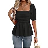 Floerns Women's Casual Short Puff Sleeve Flare Peplum Tops Square Neck Ruched Blouses