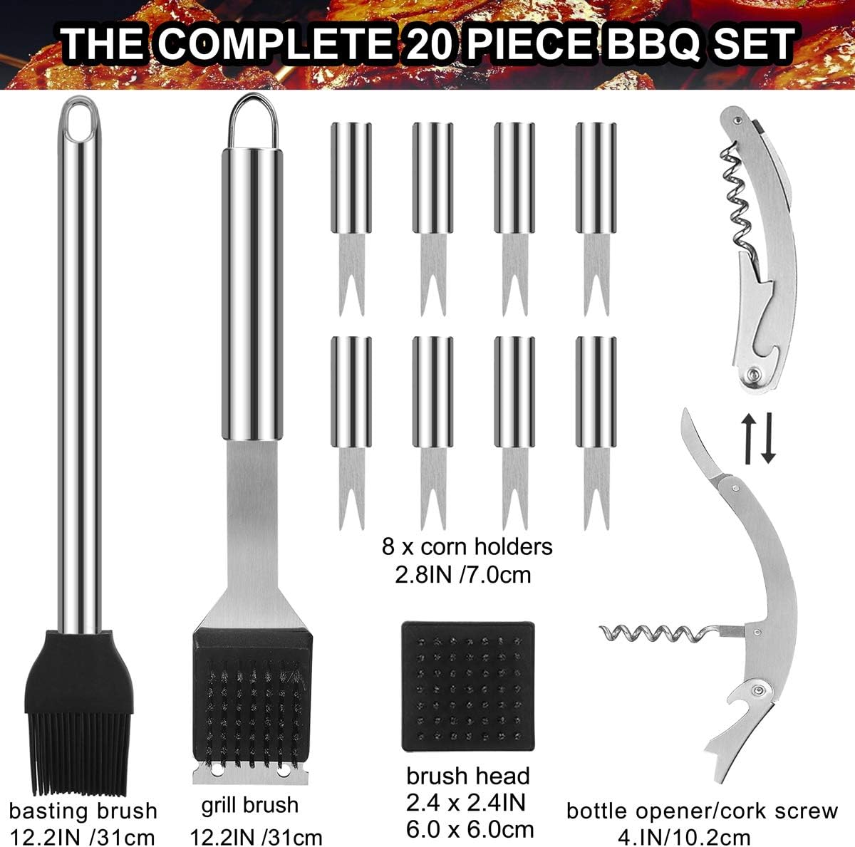 grilljoy 20PCS Heavy Duty BBQ Grill Tools Set - Extra Thick Stainless Steel Spatula, Fork& Tongs. Complete Barbecue Accessories Kit in Aluminum Storage Case - Perfect Grilling Tool Set Gift : Garden & Outdoor