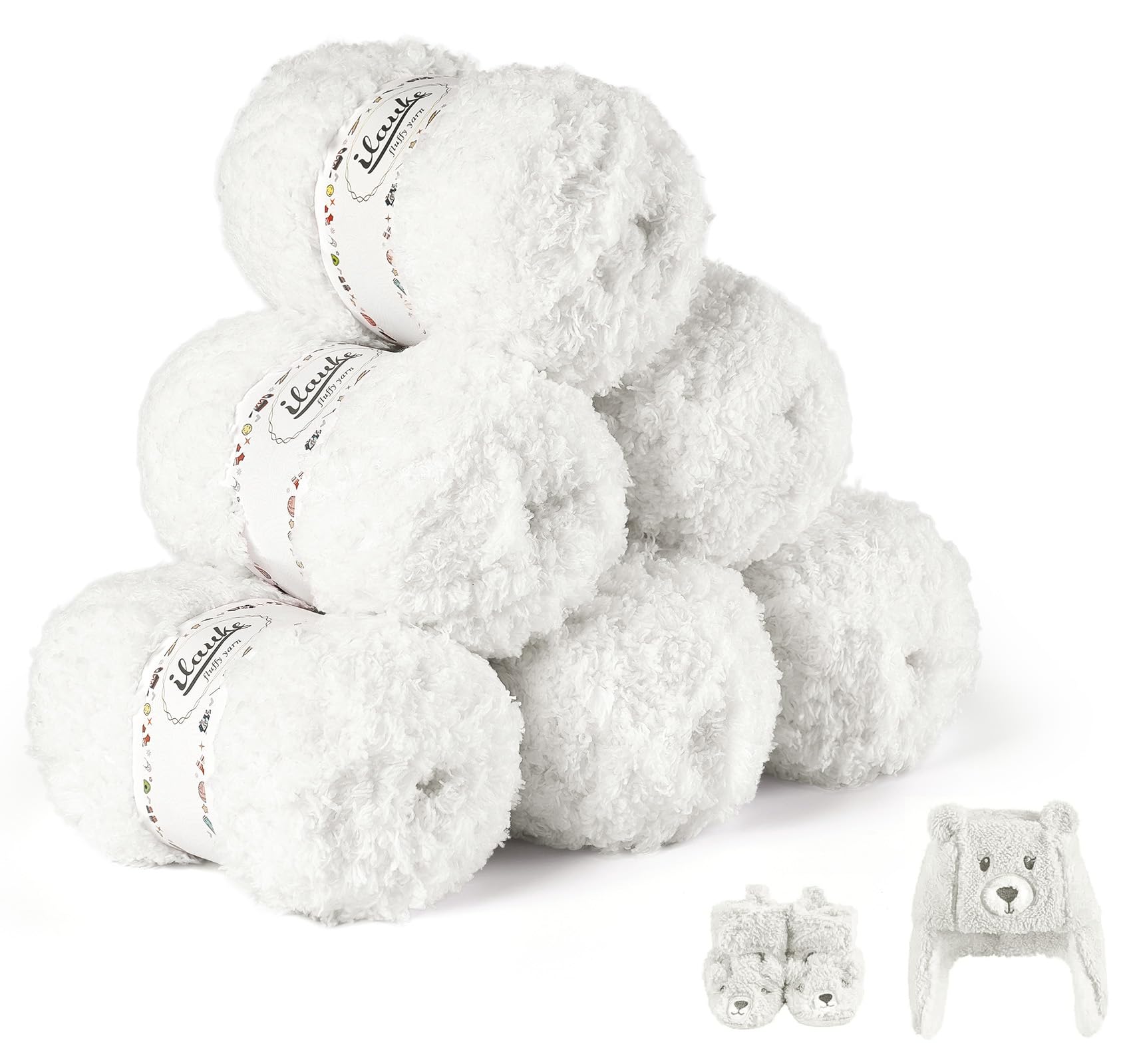 Fluffy Yarn 6x50g, ilauke White Fluffy Wool for Knitting, Flutterby Chunky Yarn for Crochet, Soft Wool for Blanket, Baby Clothes, Dolls, Rug