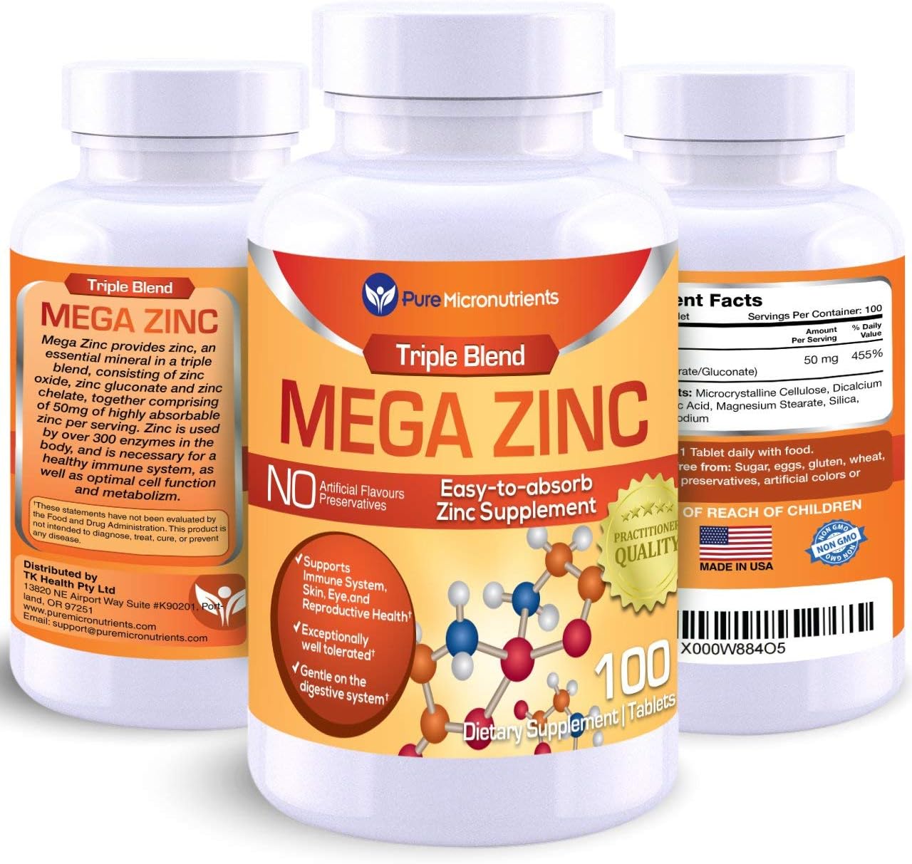 Mega Zinc Supplement, 50mg - 3-in-1 Zinc Complex - 100 Tablets - Pure Micronutrients: Health & Personal Care