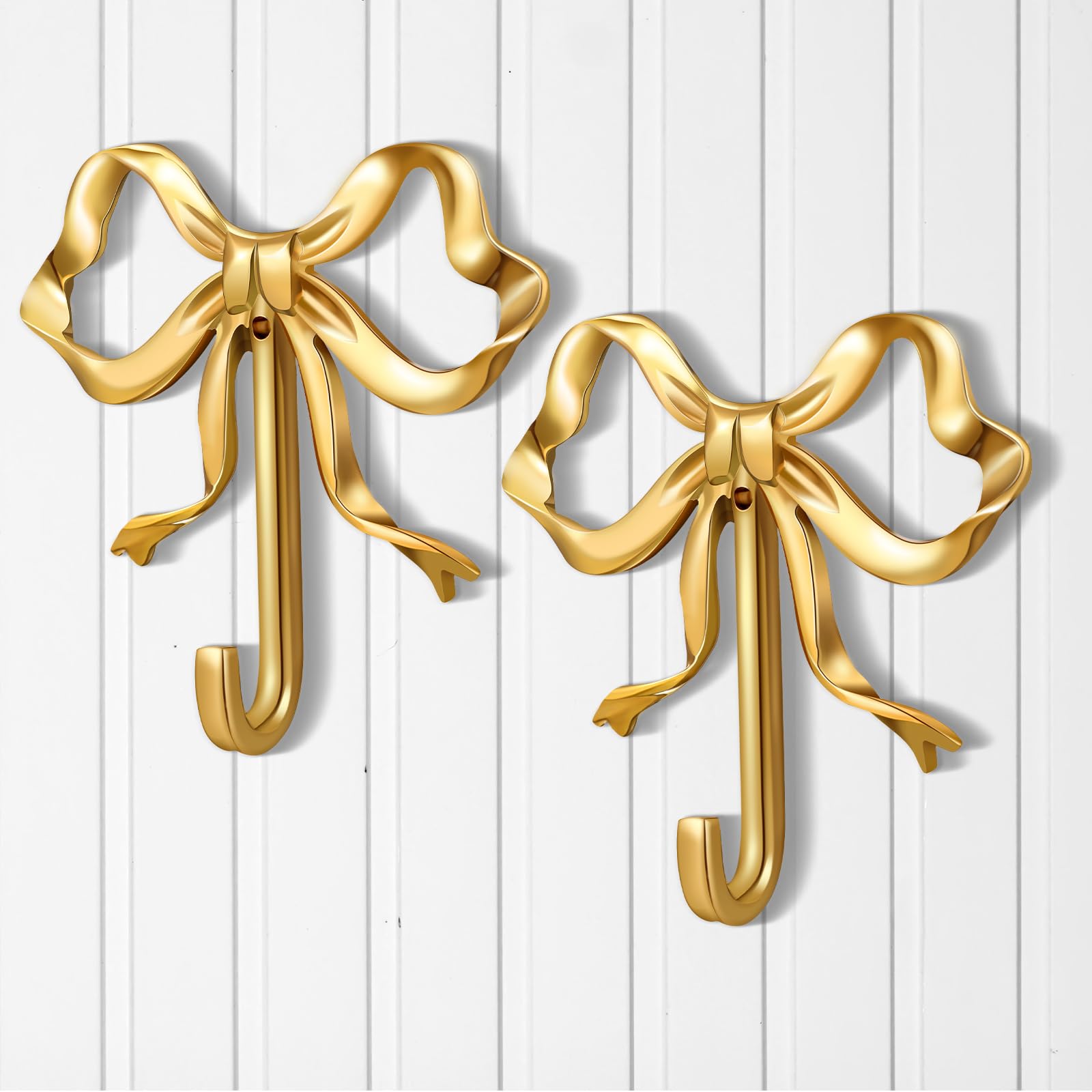 Photo 1 of Lineshading 2 Pcs Gold Bow Knot Hooks Brass Bow Wall Door Hanger Towel Hooks Brass Coat Hanger Decorative Holder for Wedding Bathroom Living Room Kitchen Decor (L)