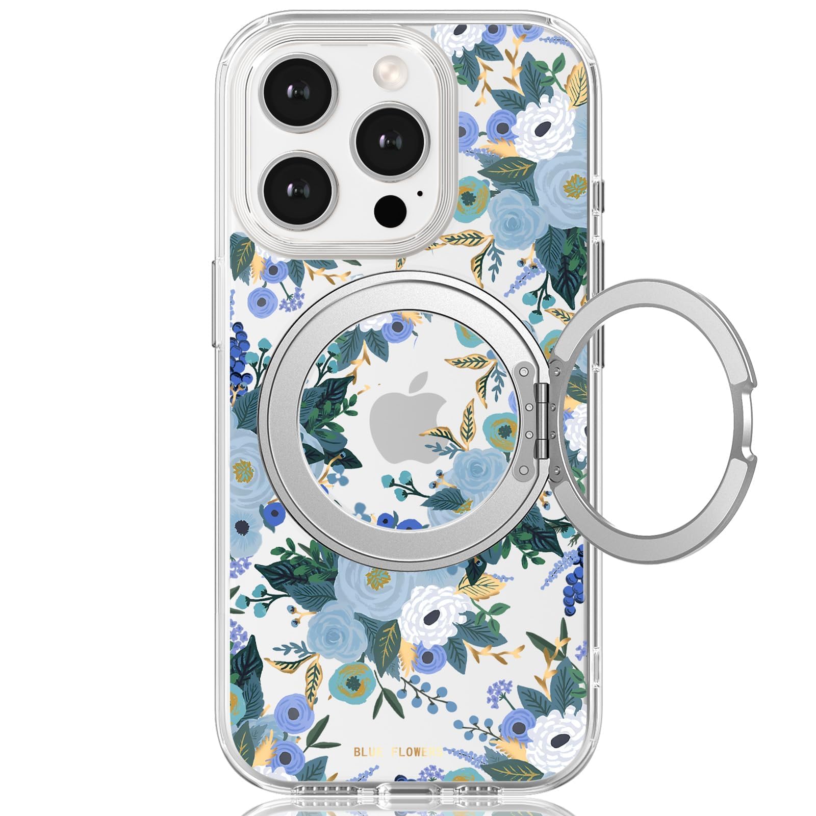 FEWGEY for iPhone 15 Pro Max Case with MagSafe Stand Ring for Women, Cute Spring Floral Design with 360° Kickstand Holder Magnetic Shock Proof Heavy-Duty Protection Blue Flower