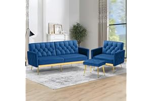 ACMEASE 2 Pieces Velvet Sofa Set w/Adjustable Armrests and Backrests, Tufted Accent Chair w/Ottoman, Convertible Futon Sofa Bed for Bedroom, Living Room, Apartment, Blue