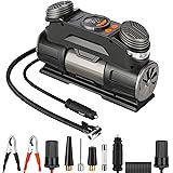 Yome Portable Air Compressor Pump with Digital Display Gauge, Mini 12V Dual Cylinder Tire Inflator with Auto Pump/Shut Off Fe